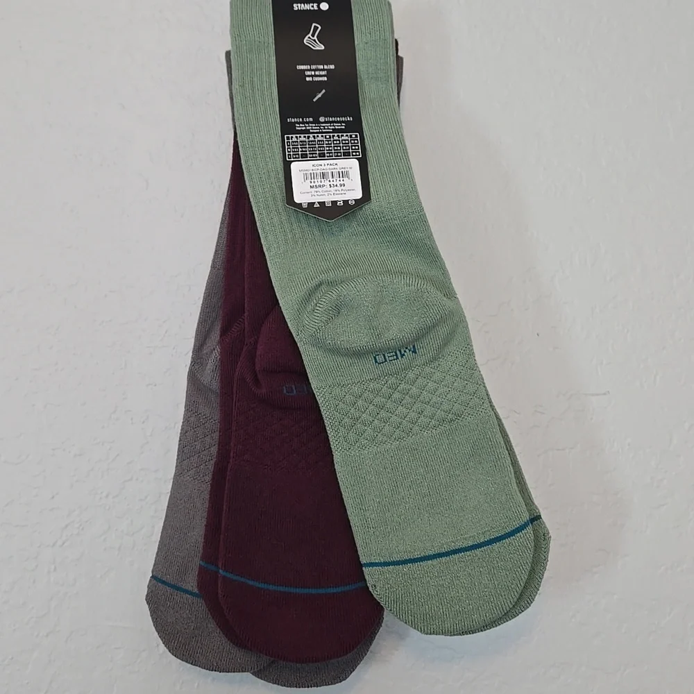 Stance 3-Pack Casual Crew Socks - Gray, Burgundy & Sage, Cotton, Medium